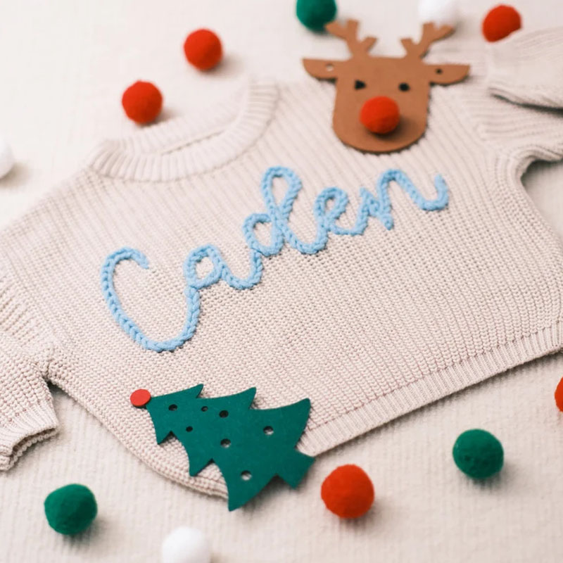 Custom Baby Name  And Flowers Hand Embroidered Sweater
