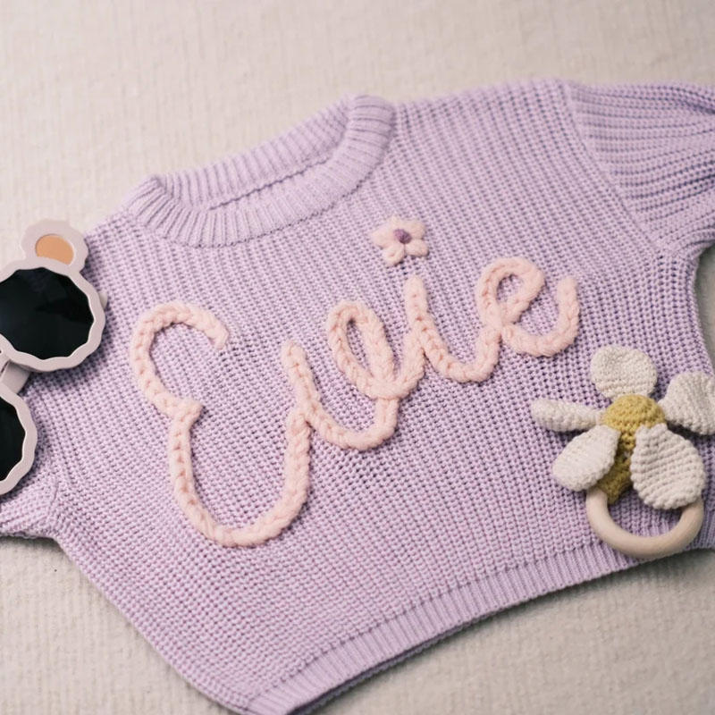 Custom Baby Name  And Flowers Hand Embroidered Sweater