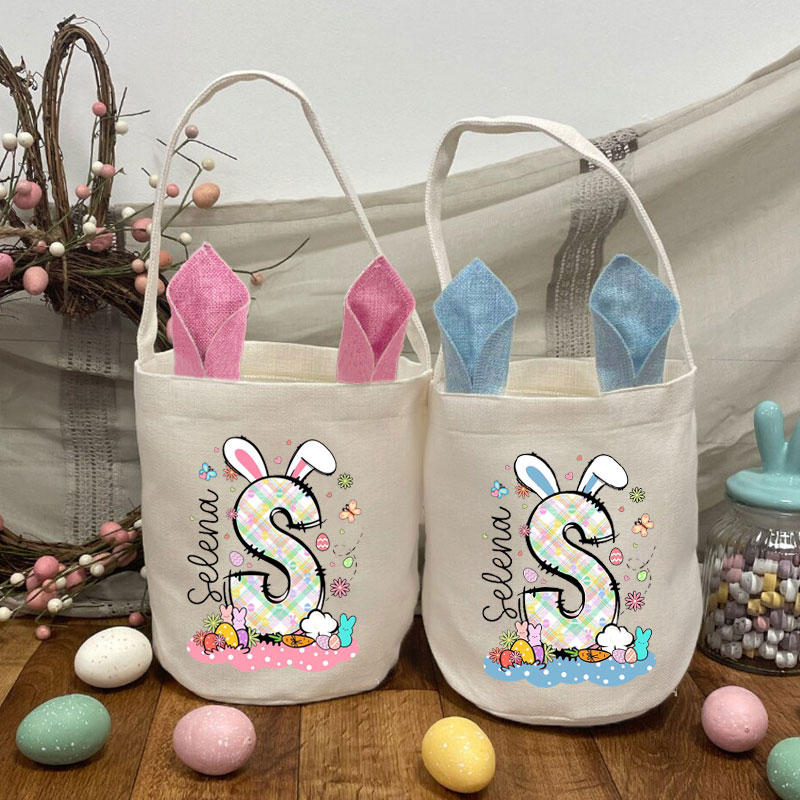 Custom Easter Bunny Basket with Name Initial Bag