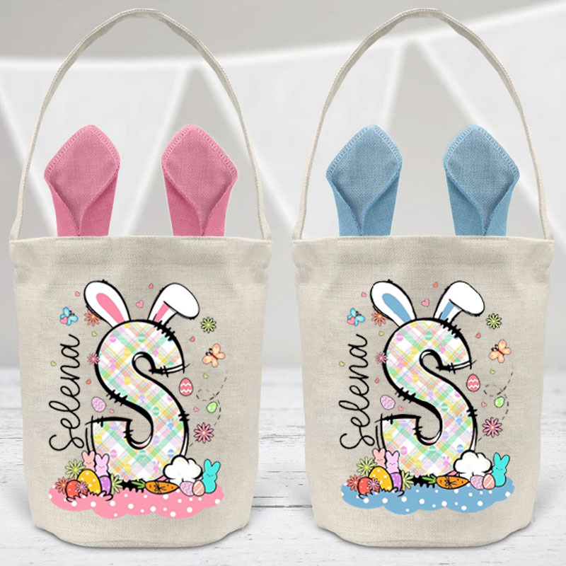 Custom Easter Bunny Basket with Name Initial Bag