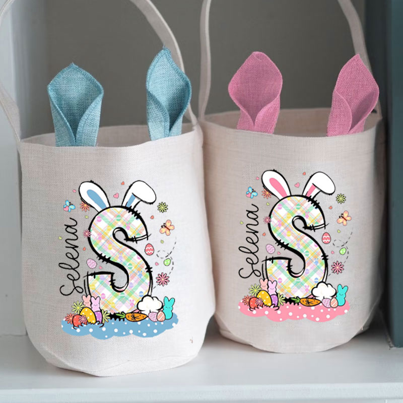 Custom Easter Bunny Basket with Name Initial Bag