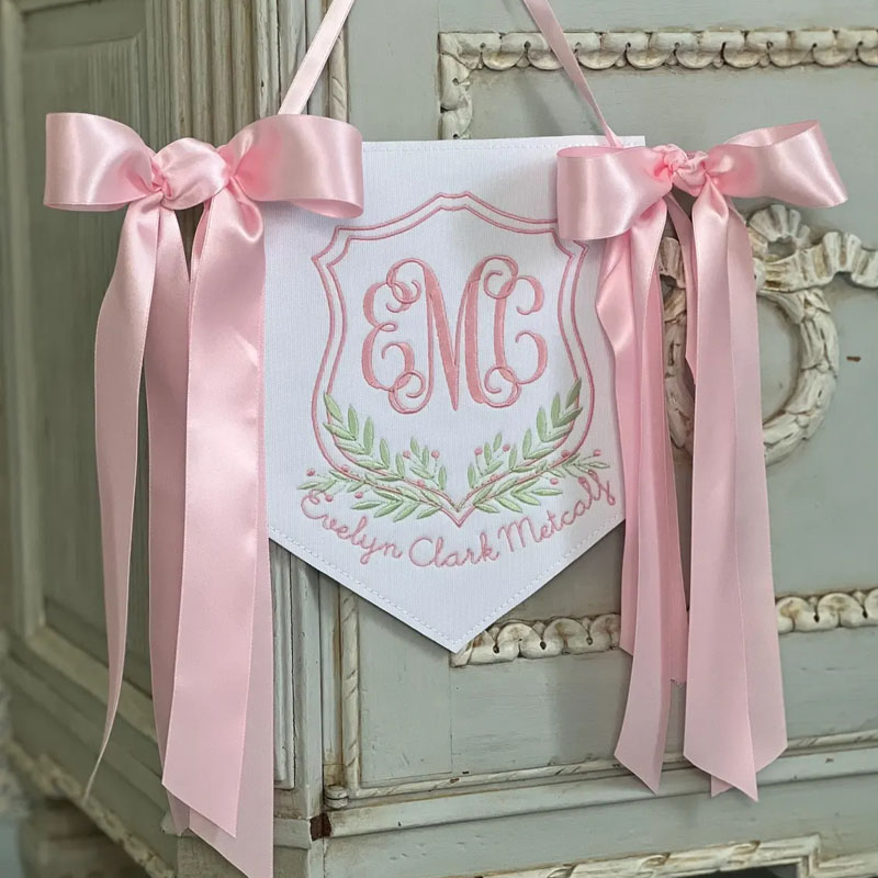 Custom Leaf Embroidered Monogram Welcome Baby Banner