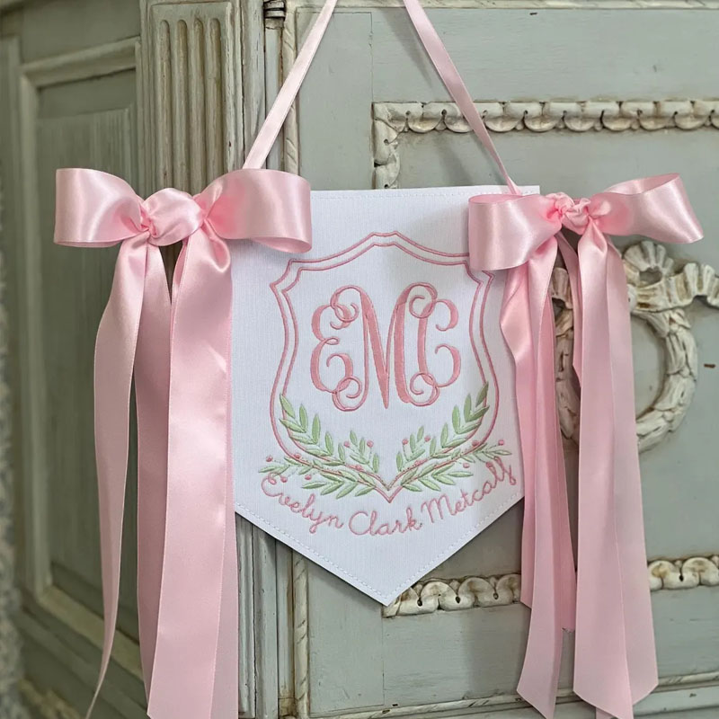 Custom Leaf Embroidered Monogram Welcome Baby Banner