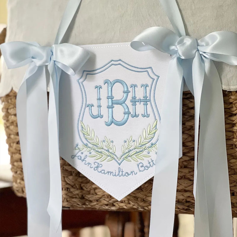 Custom Leaf Embroidered Monogram Welcome Baby Banner