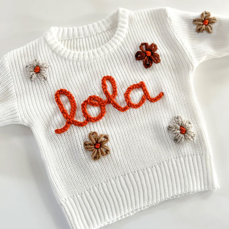 Custom name sweater hand-embroidered jumper baby shower
