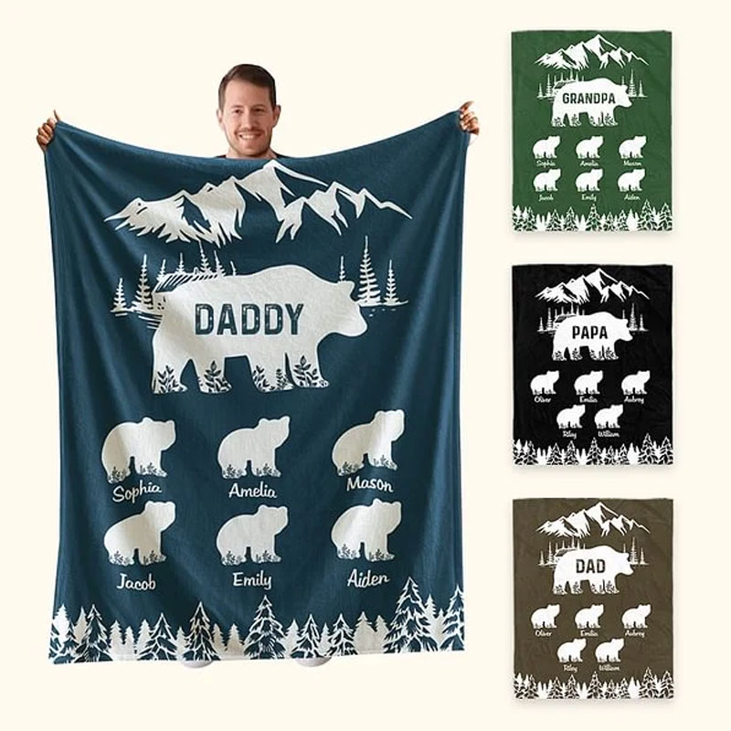 Personalized Mountains Forest Papa Bear Fleece Blanket with 1-10 Baby Bears