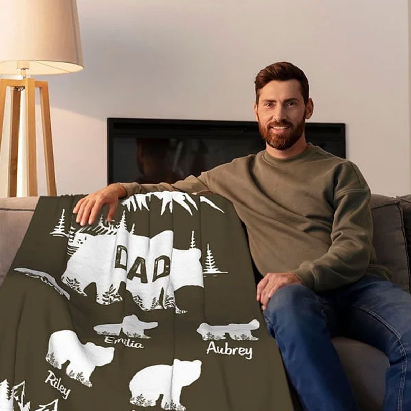 Personalized Mountains Forest Papa Bear Fleece Blanket with 1-10 Baby Bears