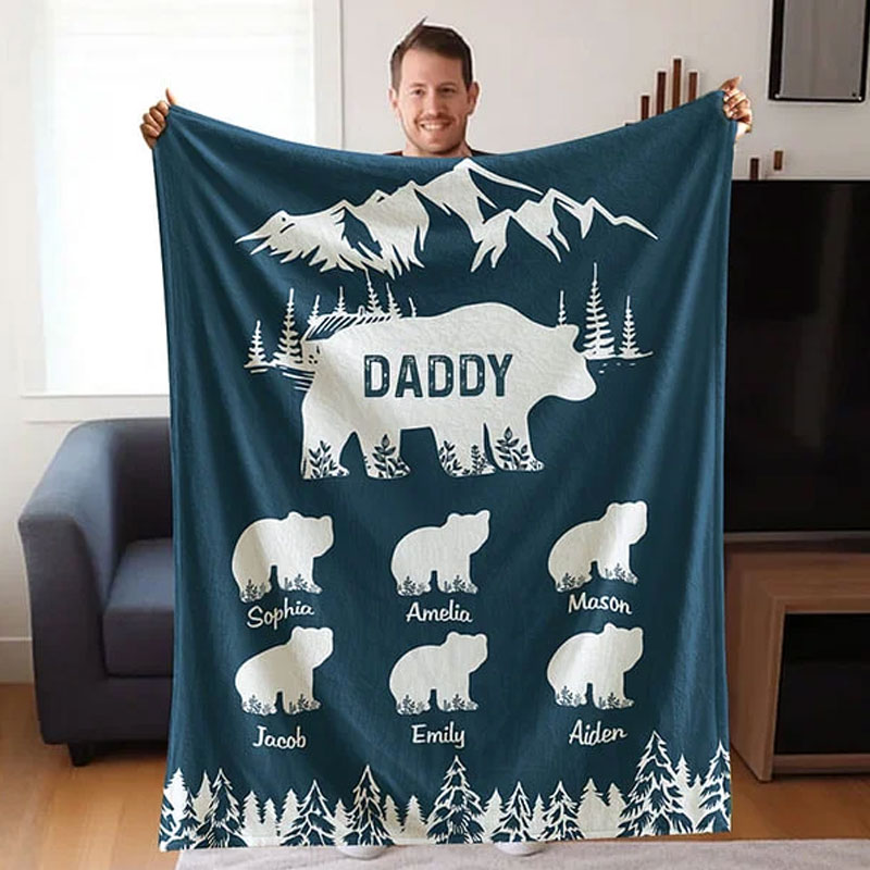 Personalized Mountains Forest Papa Bear Fleece Blanket with 1-10 Baby Bears