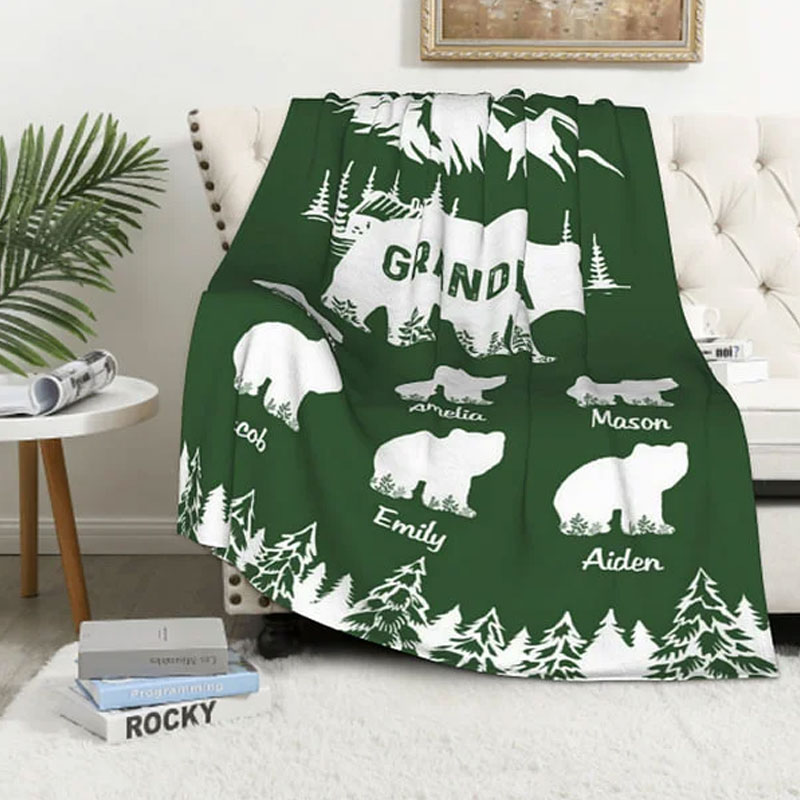 Personalized Mountains Forest Papa Bear Fleece Blanket with 1-10 Baby Bears
