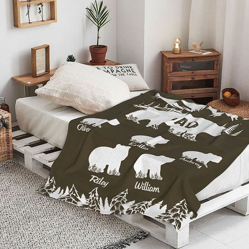 Personalized Mountains Forest Papa Bear Fleece Blanket with 1-10 Baby Bears
