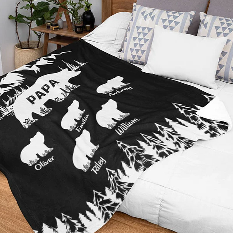 Personalized Mountains Forest Papa Bear Fleece Blanket with 1-10 Baby Bears