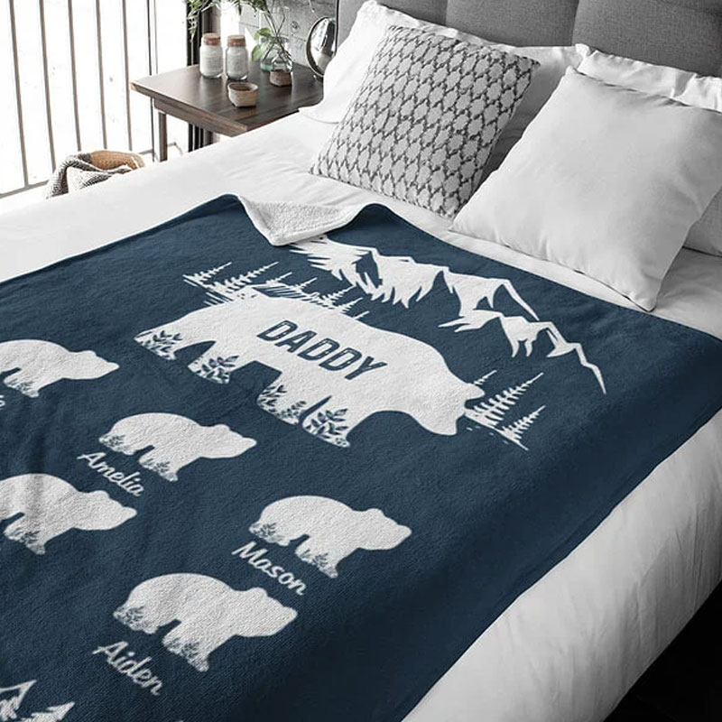 Personalized Mountains Forest Papa Bear Fleece Blanket with 1-10 Baby Bears