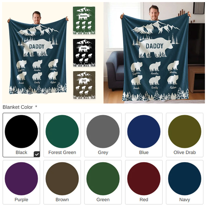 Personalized Mountains Forest Papa Bear Fleece Blanket with 1-10 Baby Bears