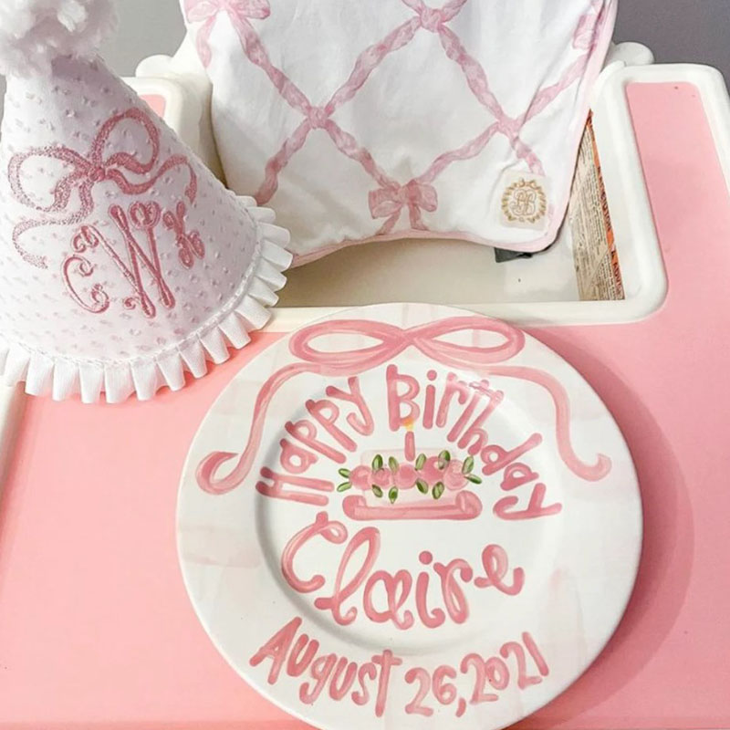 Girls Preppy Birthday Plate Pink Gingham and Ribbon Plate Baby Girl Gift 
