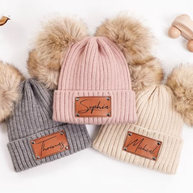 Custom Kid Hat with Double Pom Pom Custom Name Winter Hat