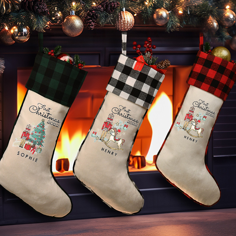 Personalized Christmas Stocking Plaid Linen Christmas Stockings Xmas Stocking