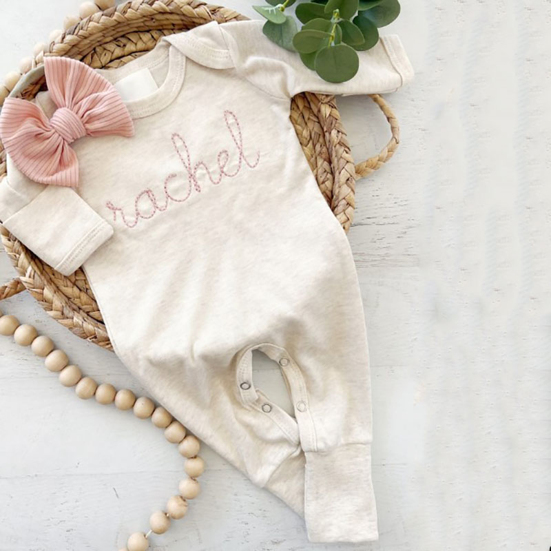 Personalized Oatmeal and Blush Vintage Stitch Girl Romper with Bow 