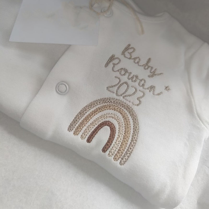 Embroidered Personalised Rainbow Sleepsuit Newborn Coming Home Outfit