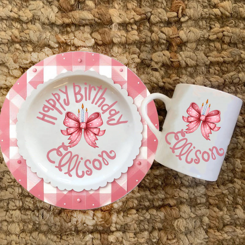 Personalized Pink Cake Bow Plate & Mug Birthday Gift Plate 