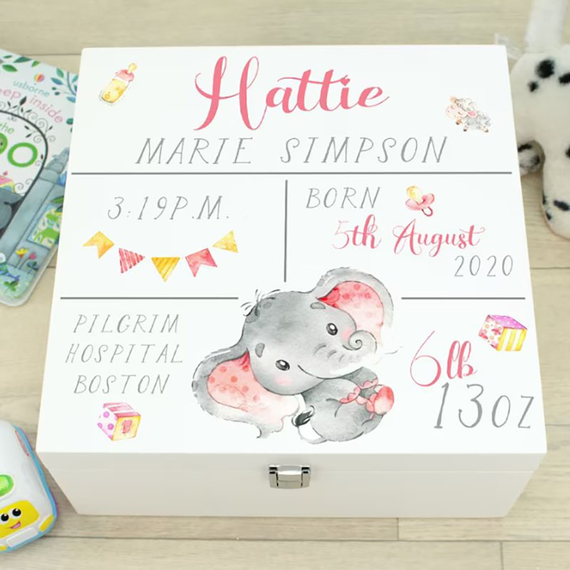 Personalised Baby Birth Stats Elephant Memory Wooden Box