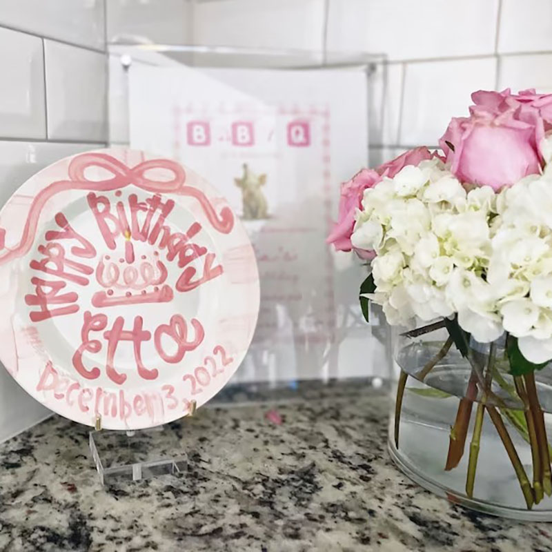 Girls Preppy Birthday Plate Pink Gingham and Ribbon Plate Baby Girl Gift 