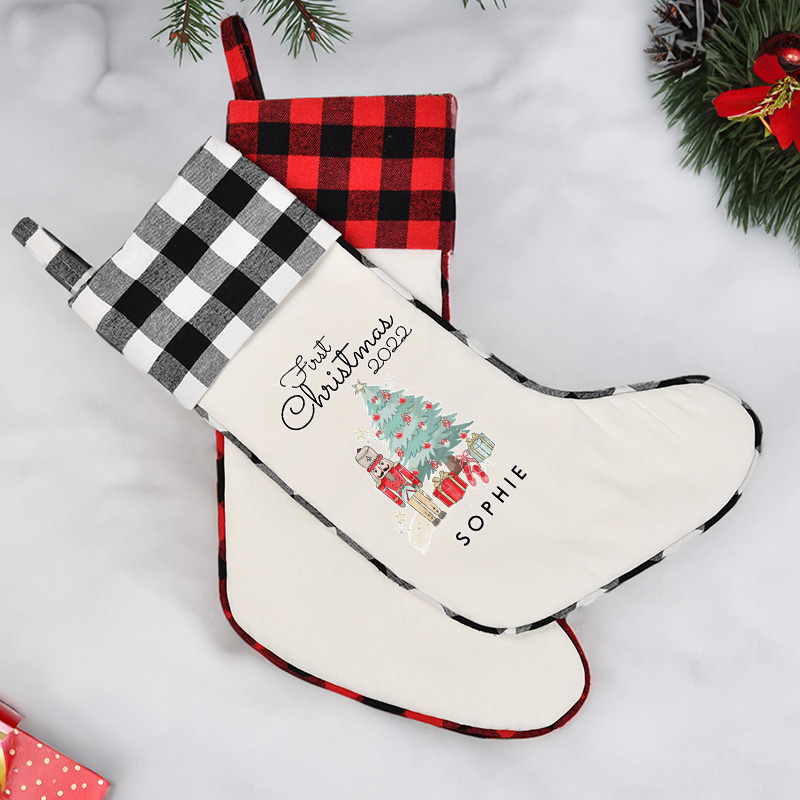 Personalized Christmas Stocking Plaid Linen Christmas Stockings Xmas Stocking