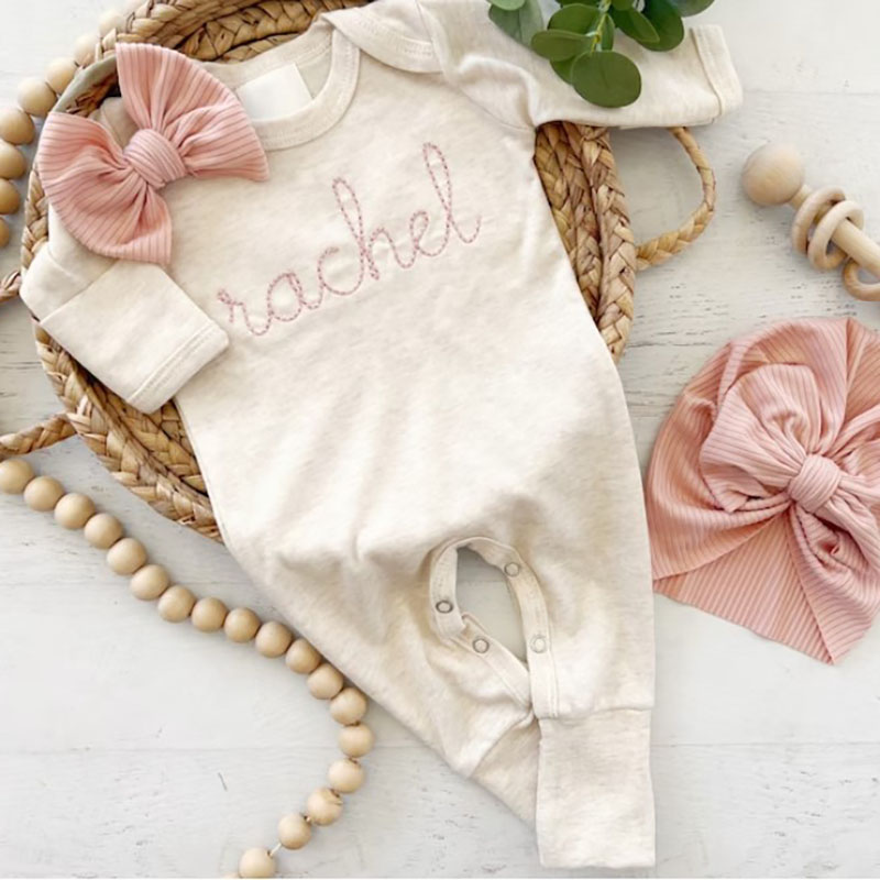Personalized Oatmeal and Blush Vintage Stitch Girl Romper with Bow 