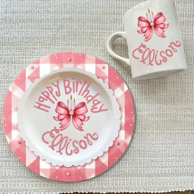 Personalized Pink Cake Bow Plate & Mug Birthday Gift Plate 