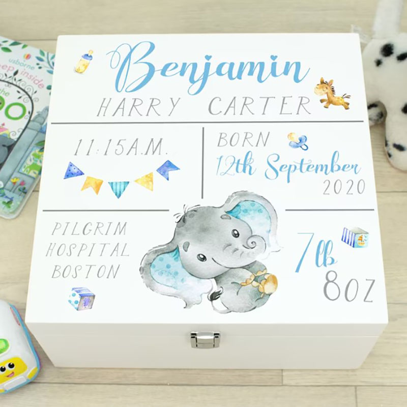 Personalised Baby Birth Stats Elephant Memory Wooden Box