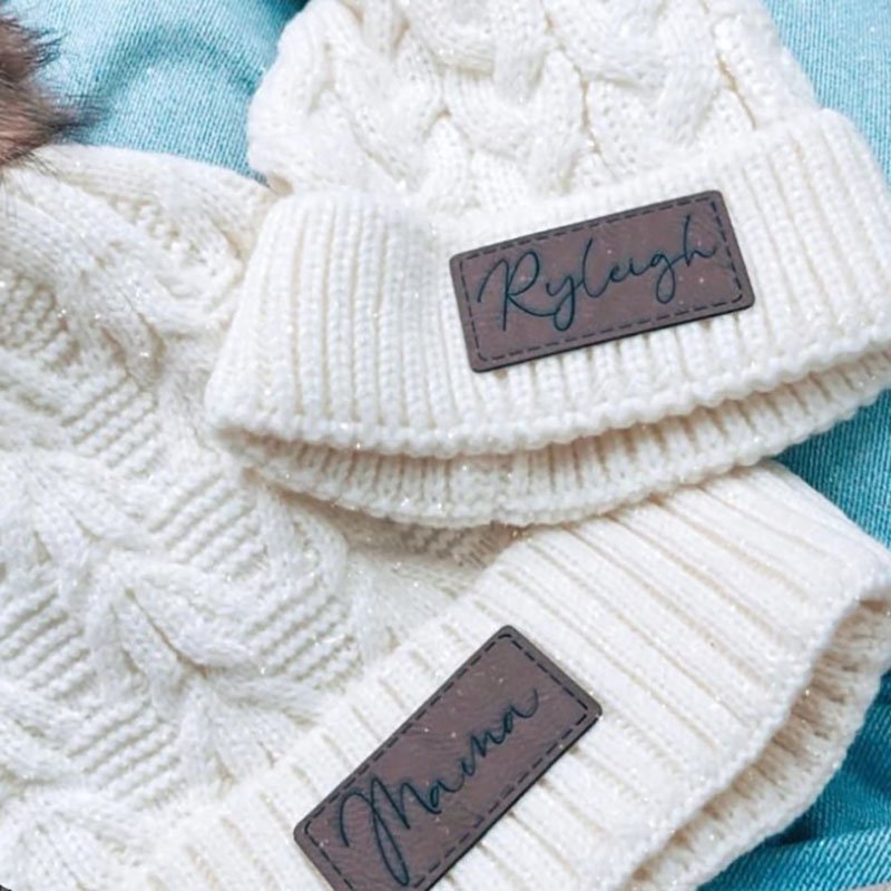 Custom Twist Knitted Hat Baby Name Hat Faux Leather Patch Baby Girls Pom Pom Beanie