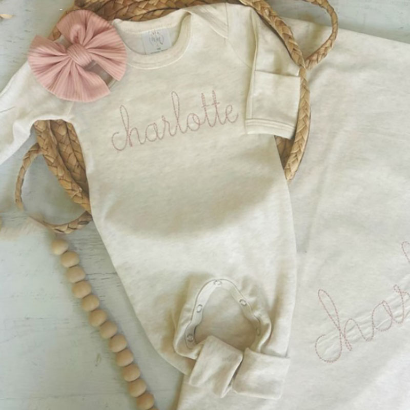 Personalized Oatmeal and Blush Vintage Stitch Girl Romper with Bow 