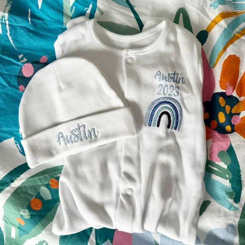 Embroidered Personalised Rainbow Sleepsuit Newborn Coming Home Outfit