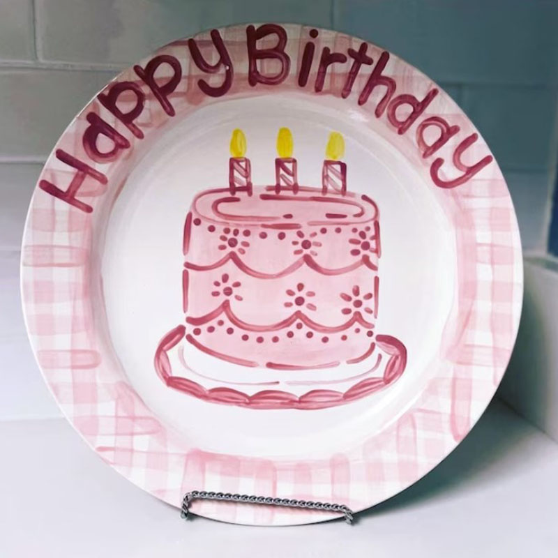 Pink Blue Gingham Cake Happy Birthday Plate 