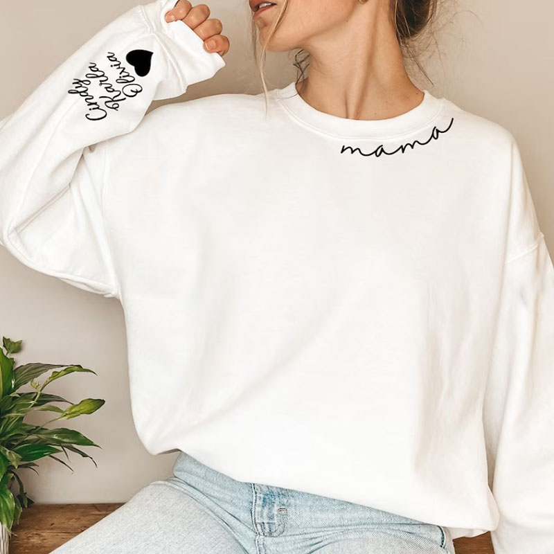 Personalized Mom Sweatshirt with Kid Name on Sleeve 