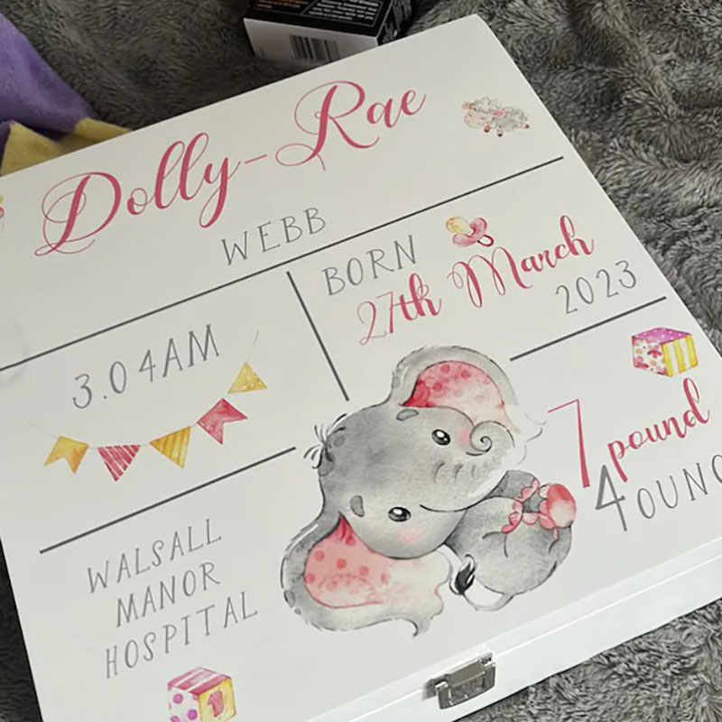 Personalised Baby Birth Stats Elephant Memory Wooden Box
