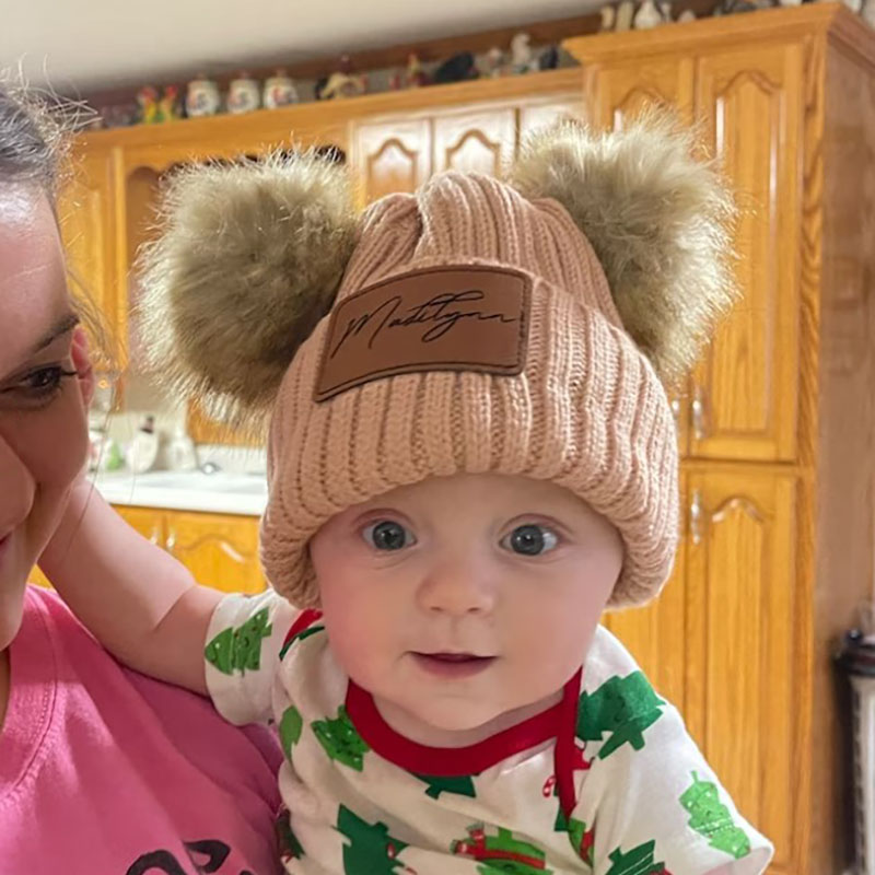 Custom Kid Hat with Double Pom Pom Custom Name Winter Hat