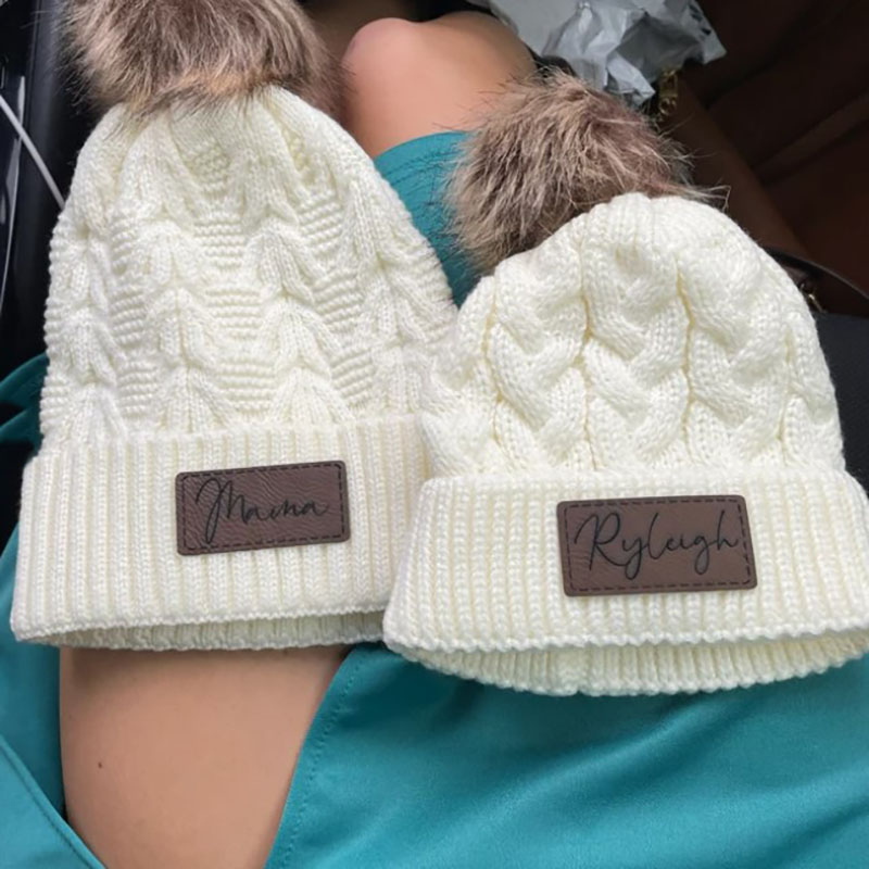 Custom Twist Knitted Hat Baby Name Hat Faux Leather Patch Baby Girls Pom Pom Beanie