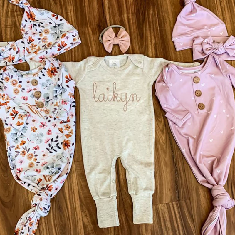 Personalized Oatmeal and Blush Vintage Stitch Girl Romper with Bow 
