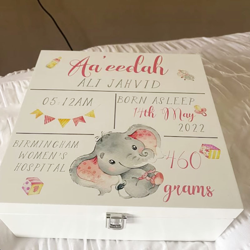 Personalised Baby Birth Stats Elephant Memory Wooden Box