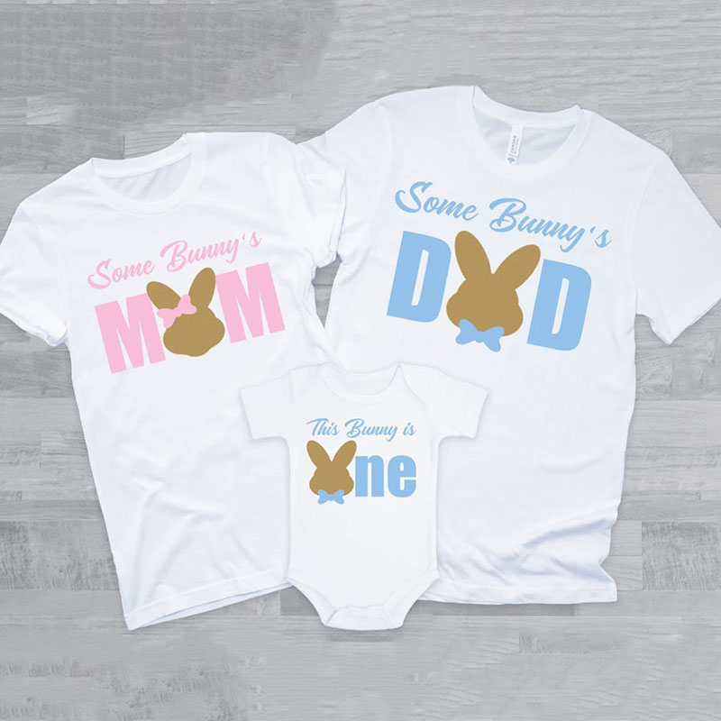 Some Bunny's Family T-Shirts for his 1st Birthday Baby Onesie