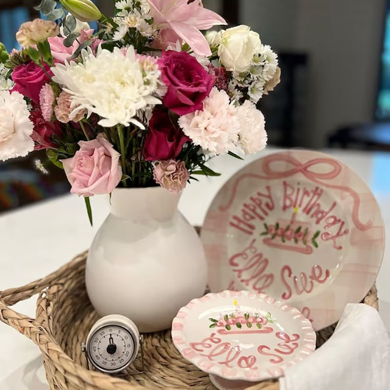 Girls Preppy Birthday Plate Pink Gingham and Ribbon Plate Baby Girl Gift 