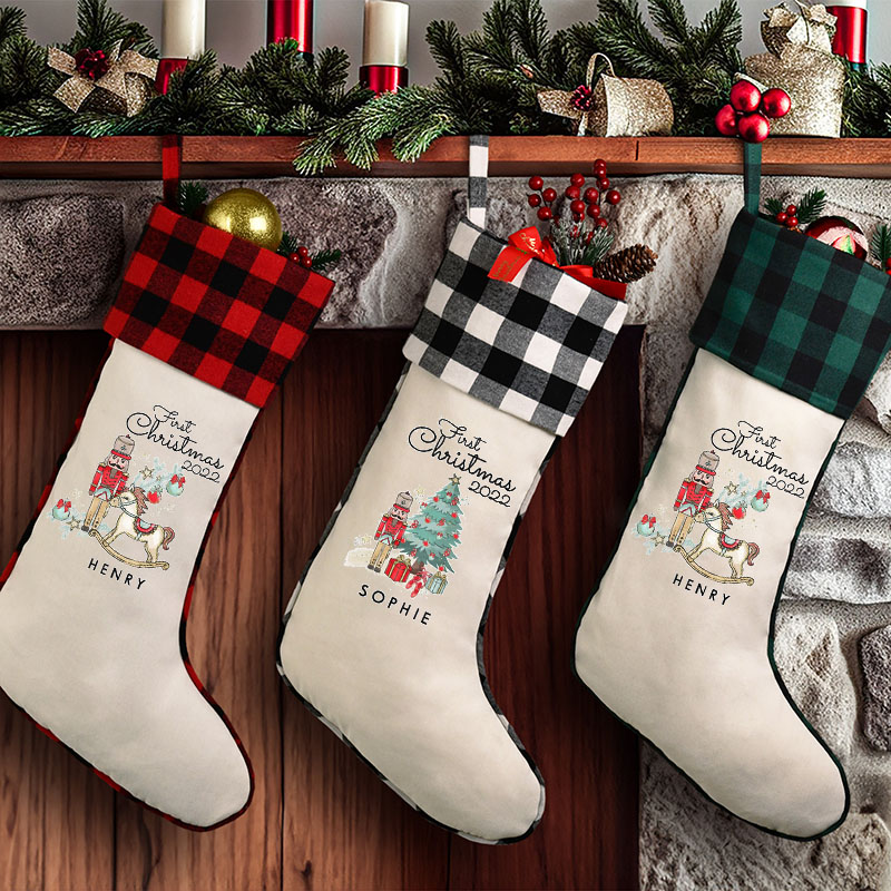 Personalized Christmas Stocking Plaid Linen Christmas Stockings Xmas Stocking