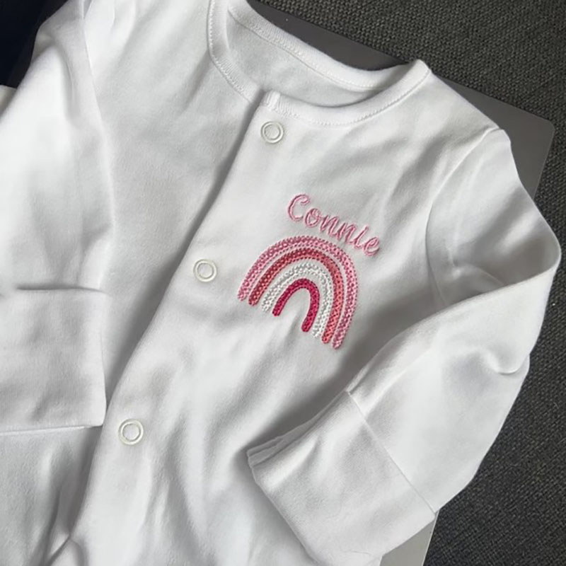 Embroidered Personalised Rainbow Sleepsuit Newborn Coming Home Outfit