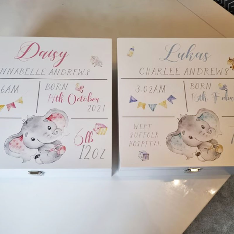 Personalised Baby Birth Stats Elephant Memory Wooden Box