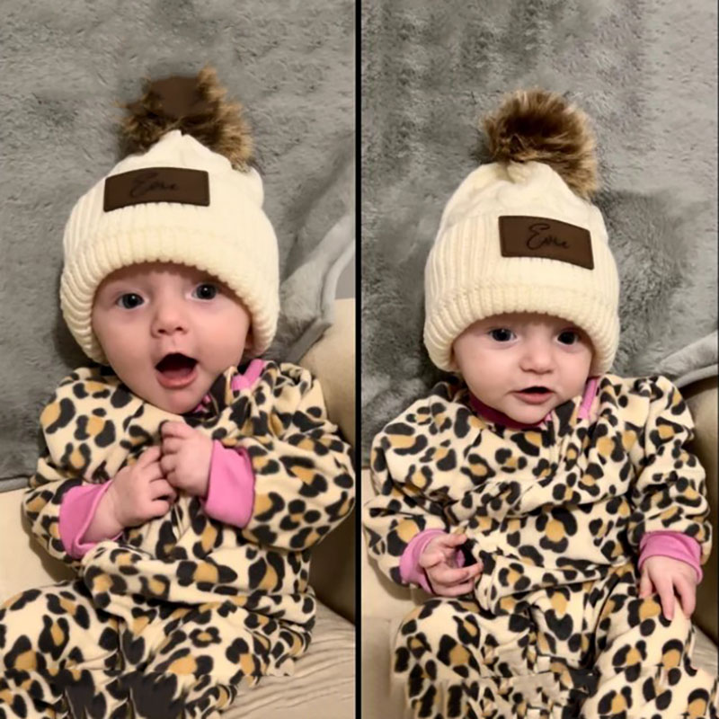 Custom Twist Knitted Hat Baby Name Hat Faux Leather Patch Baby Girls Pom Pom Beanie