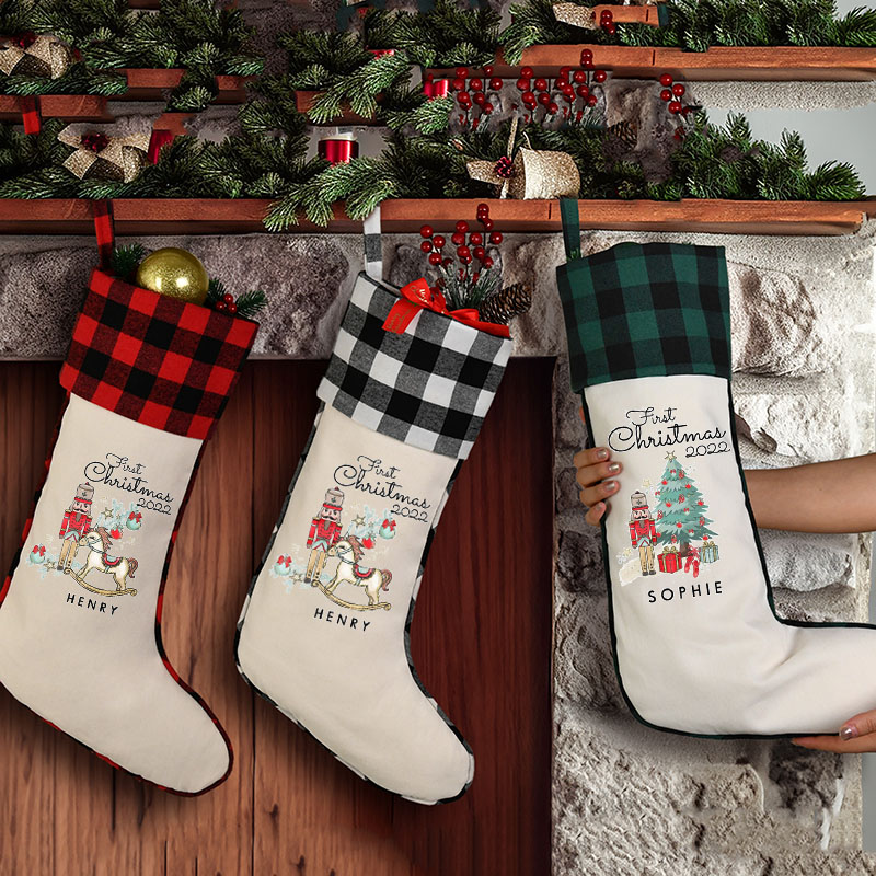Personalized Christmas Stocking Plaid Linen Christmas Stockings Xmas Stocking