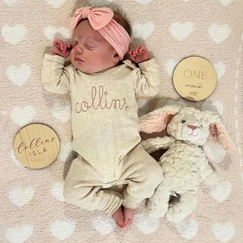 Personalized Oatmeal and Blush Vintage Stitch Girl Romper with Bow 