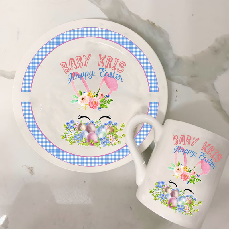 Personalized Easter Blue Bunny Plate & Mug First Easter Plate 