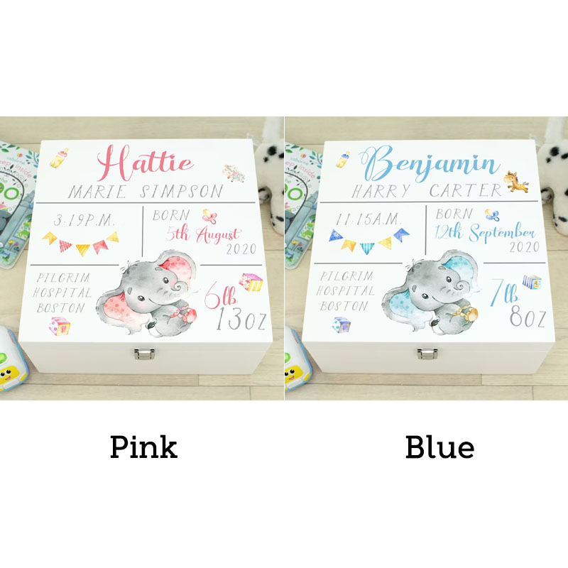 Personalised Baby Birth Stats Elephant Memory Wooden Box