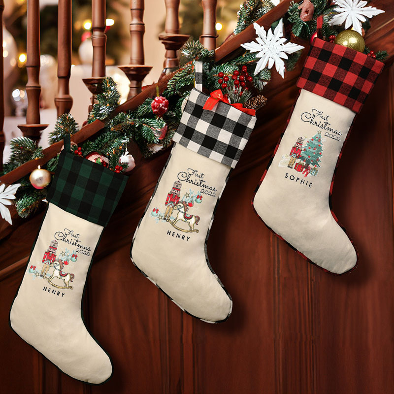 Personalized Christmas Stocking Plaid Linen Christmas Stockings Xmas Stocking